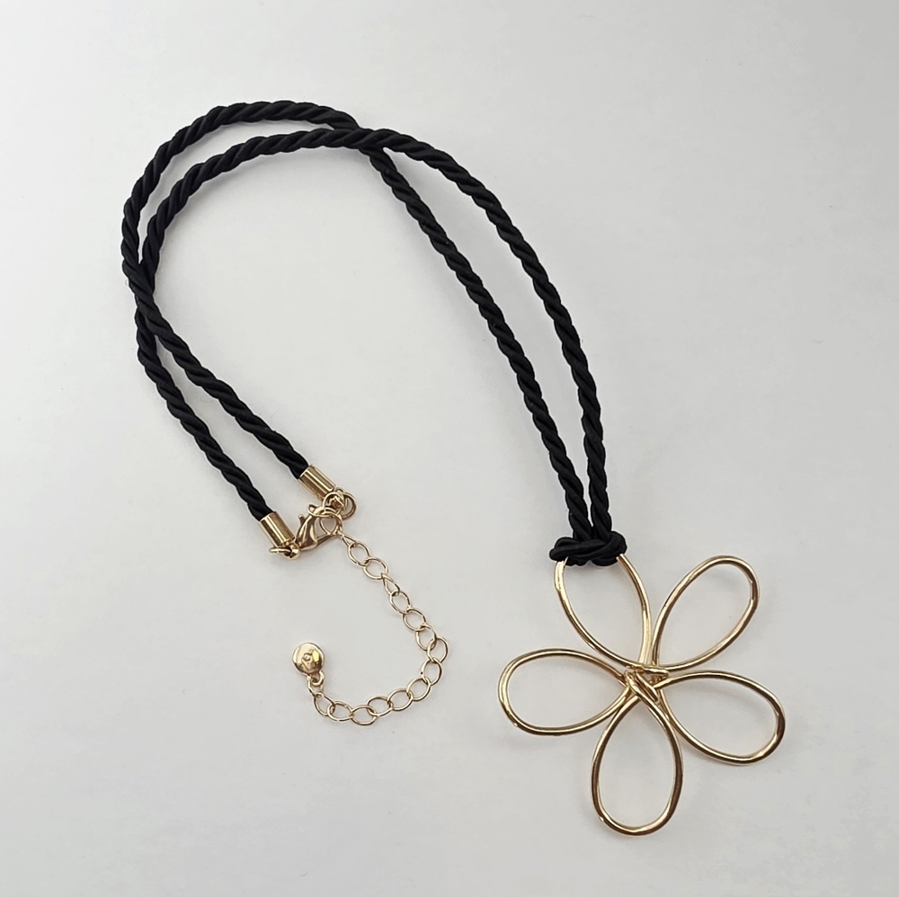 Gold Toned Flower Necklace With Black Satin Braid